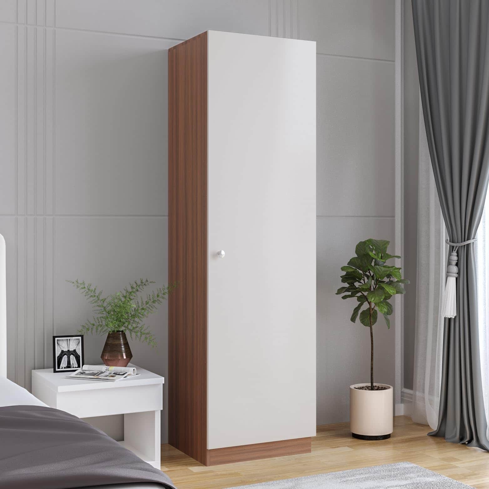 Fanciable Engineering Wood Wardrobe Almirah for Clothes with 1 Door (Exotic Teak & White) - front_view