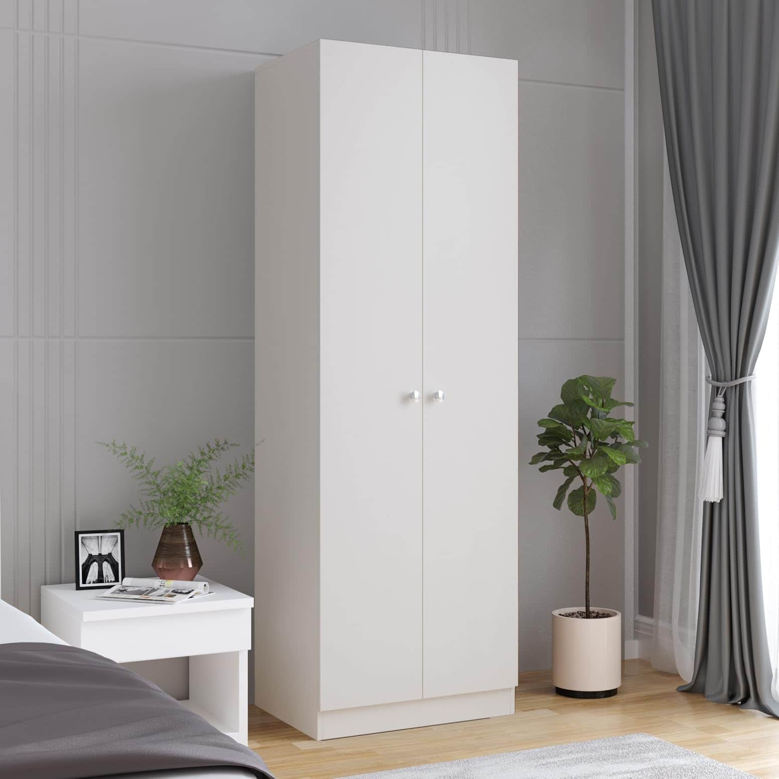 Fanciable Engineering Wood 2 Door Wardrobe Almirah for Clothes (White) - front_view