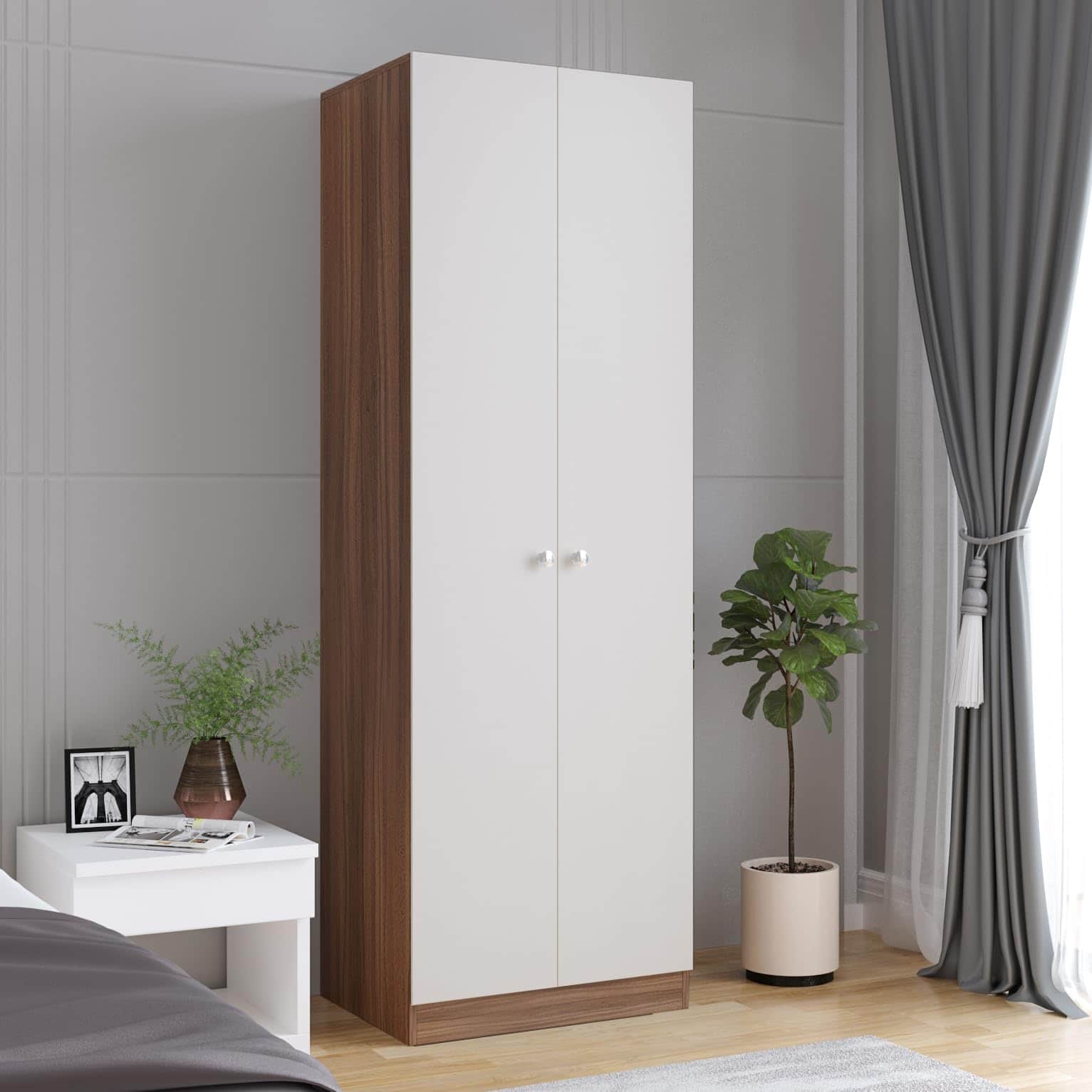 Fanciable Engineering Wood 2 Door Wardrobe Almirah for Clothes (Exotic Teak & White) - front_view