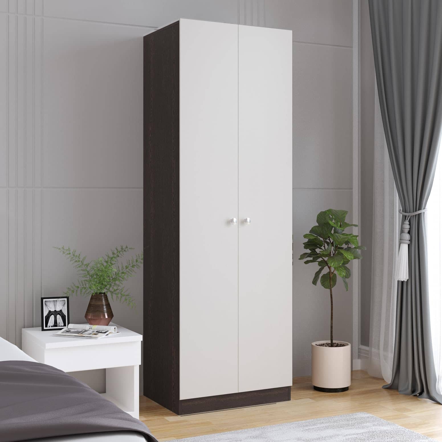 Fanciable Engineering Wood 2 Door Wardrobe Almirah for Clothes (Wenge & White)