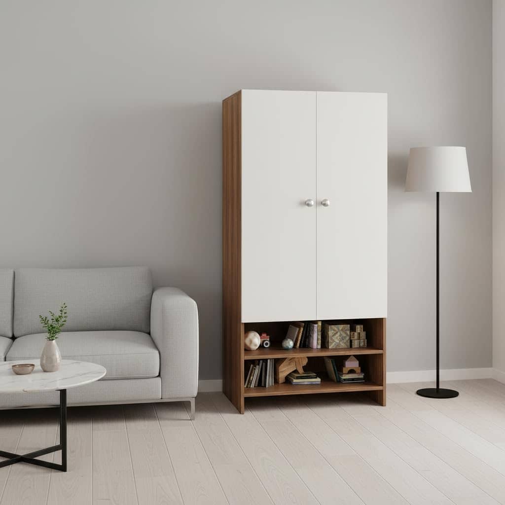 YSH Engineered Wood Wardrobe Almirah for Clothes with 2 Doors & Open Shoe Rack (Exotic Teak & White 2)