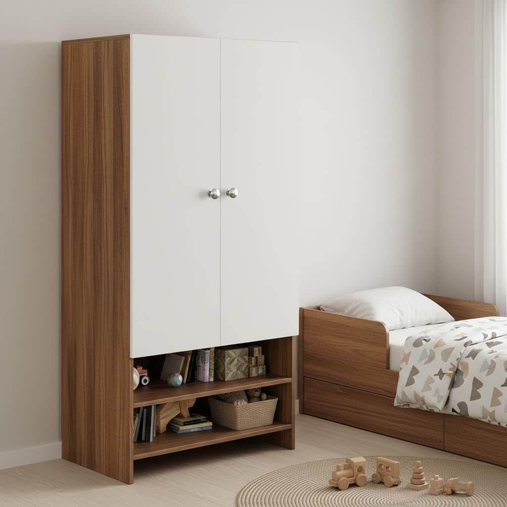 YSH Engineered Wood Wardrobe Almirah for Clothes with 2 Doors & Open Shoe Rack (Exotic Teak & White 2) - front_view