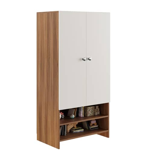 YSH Engineered Wood Wardrobe Almirah for Clothes with 2 Doors & Open Shoe Rack (Exotic Teak & White 2)