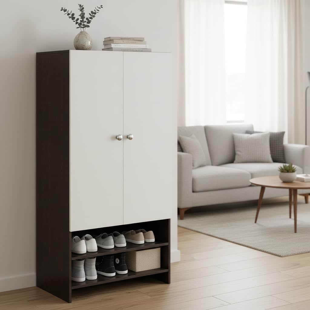 YSH Engineered Wood Wardrobe Almirah for Clothes with 2 Doors & Open Shoe Rack (Wenge & White) - front_view