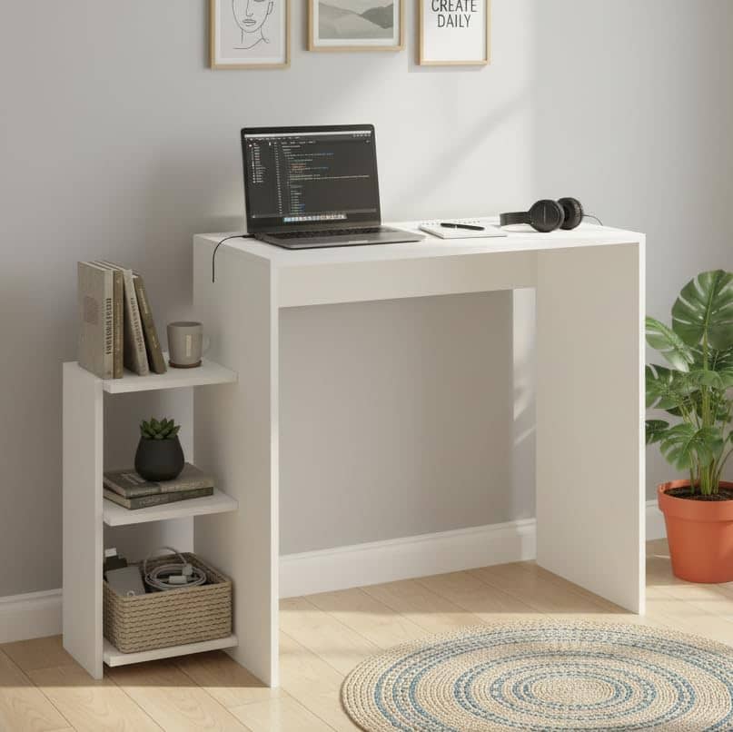 Austin Engineered Wood Study Table with Side Storage Shelves (White)
