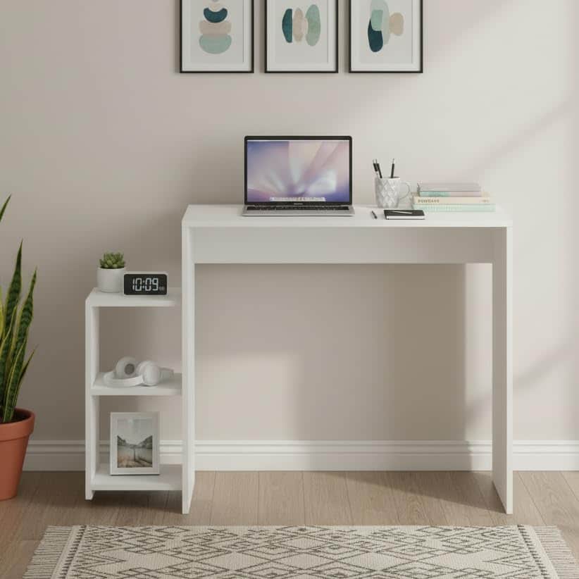 Austin Engineered Wood Study Table with Side Storage Shelves (White) - front_view