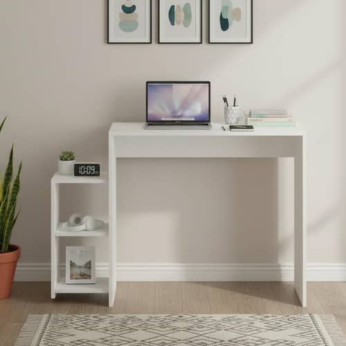 Austin Engineered Wood Study Table with Side Storage Shelves (White)