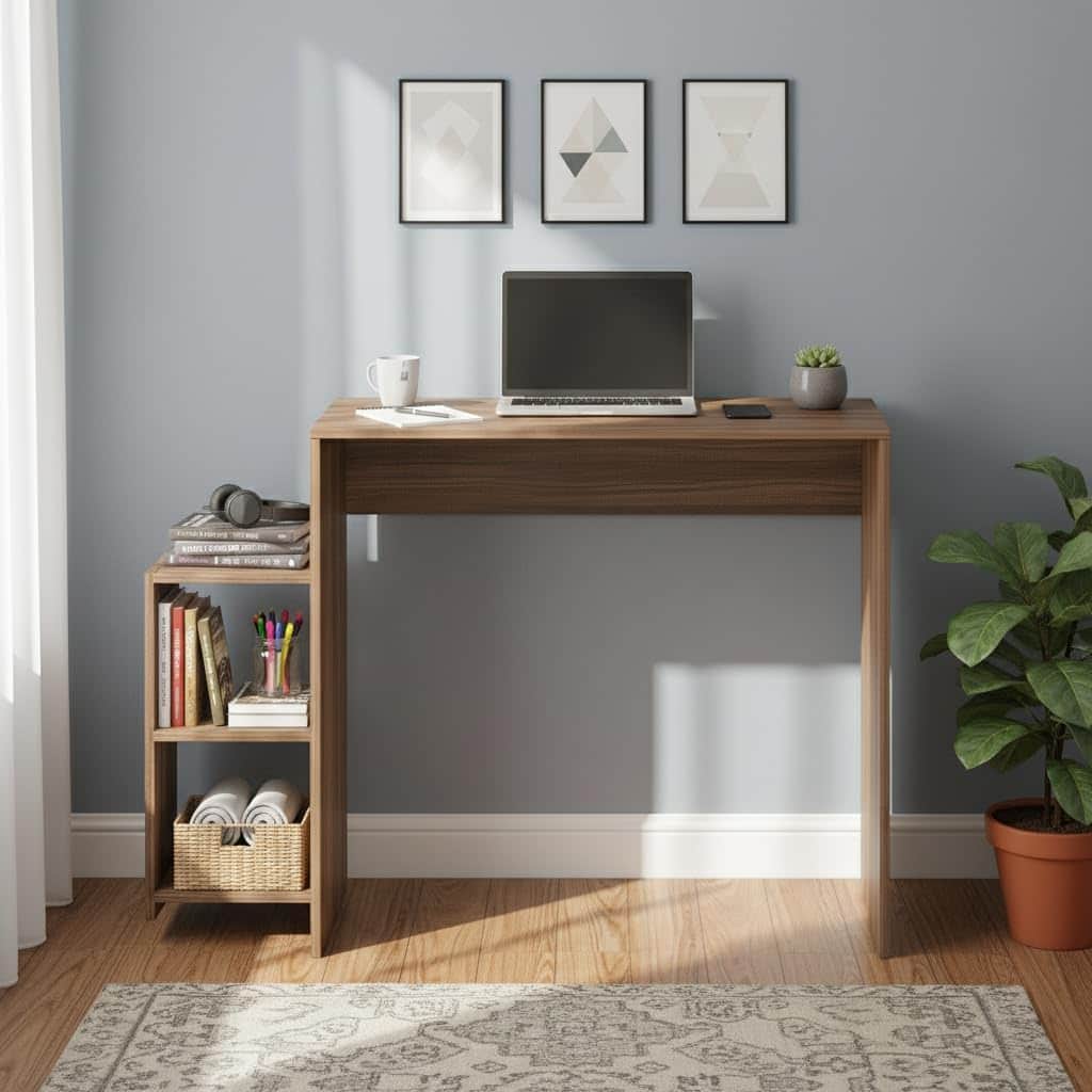 Austin Engineered Wood Study Table with Side Storage Shelves (Exotic Teak) - front_view
