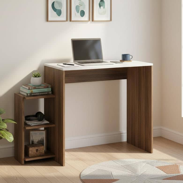 Austin Engineered Wood Study Table with Side Storage Shelves (Exotic Teak & White)