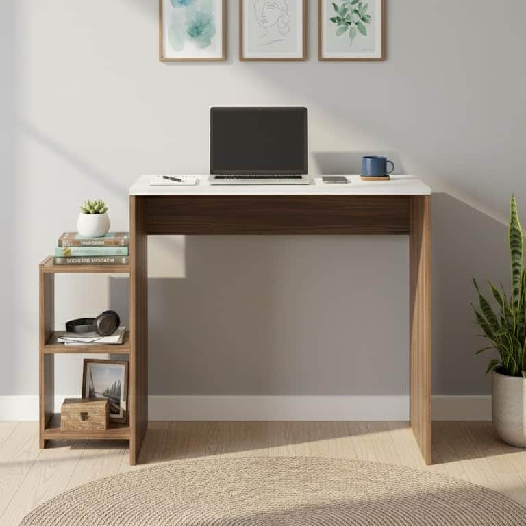 Austin Engineered Wood Study Table with Side Storage Shelves (Exotic Teak & White) - front_view