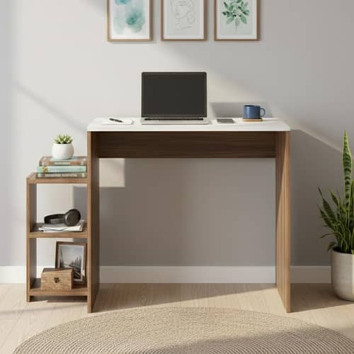 Austin Engineered Wood Study Table with Side Storage Shelves (Exotic Teak & White)