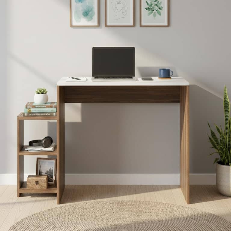 Austin Engineered Wood Study Table with Side Storage Shelves (Exotic Teak & White)
