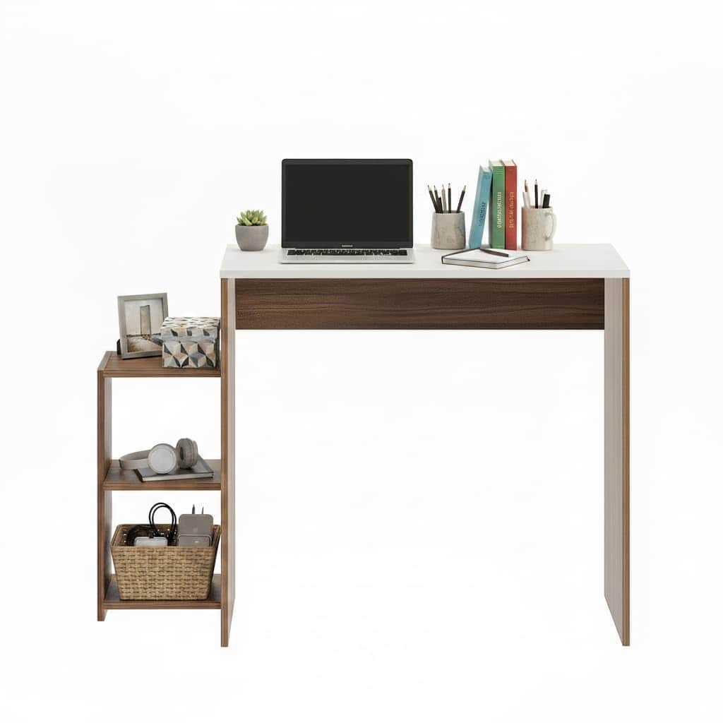 Austin Engineered Wood Study Table with Side Storage Shelves (Exotic Teak & White) - top_view