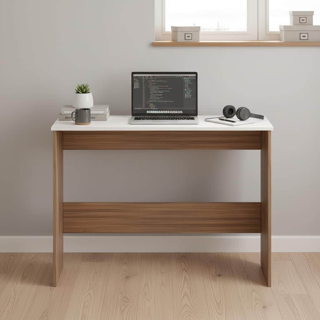 Boris Modern Engineered Wood Study Table (Exotic Teak & White) - front_view