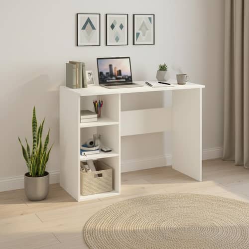 Carren Engineered Wood Study Table with 3 Storage Shelves | White Finish
