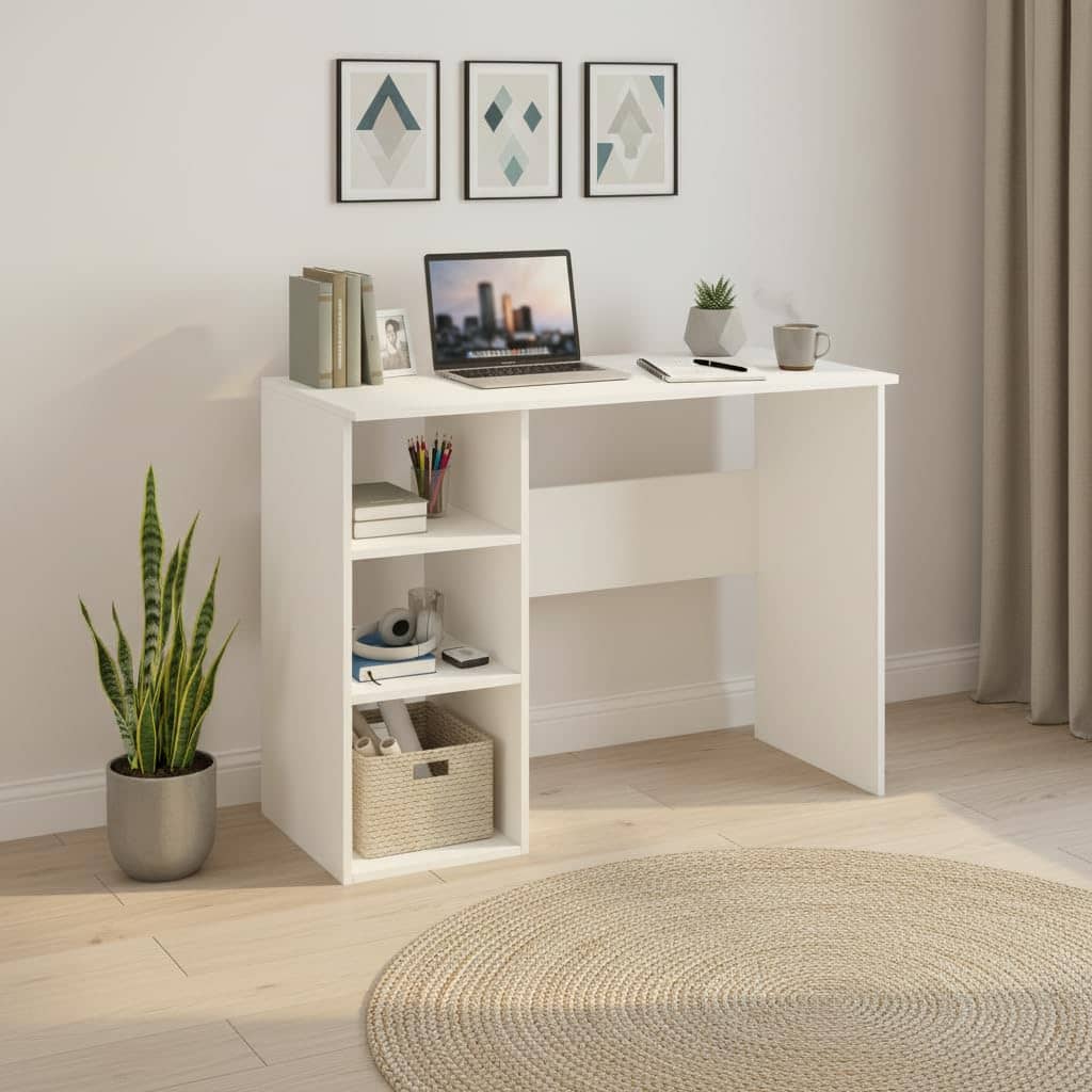 Carren Engineered Wood Study Table with 3 Storage Shelves | White Finish