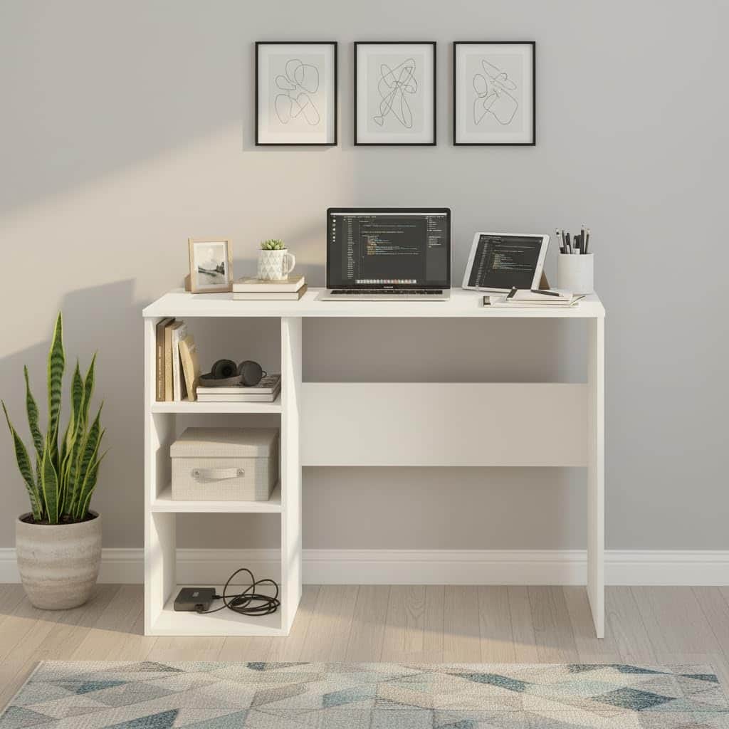 Carren Engineered Wood Study Table with 3 Storage Shelves | White Finish - front_view