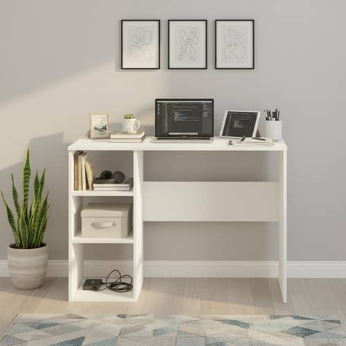 Carren Engineered Wood Study Table with 3 Storage Shelves | White Finish