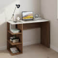 Qualish Engineered Wood Study Desk with Open Side Shelves (Exotic Teak & White) - front_view