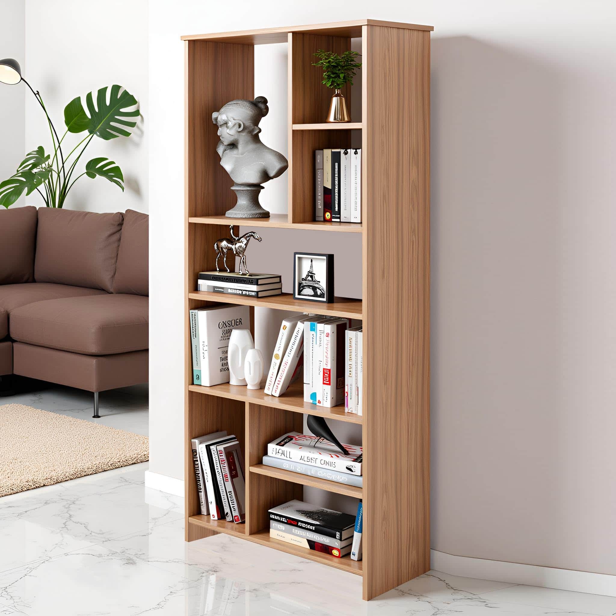 Arvin Wooden Bookshelf with 6 Shelves | Engineered Wood Book Cabinet Storage Rack for Living Room (Exotic Teak) - front_view