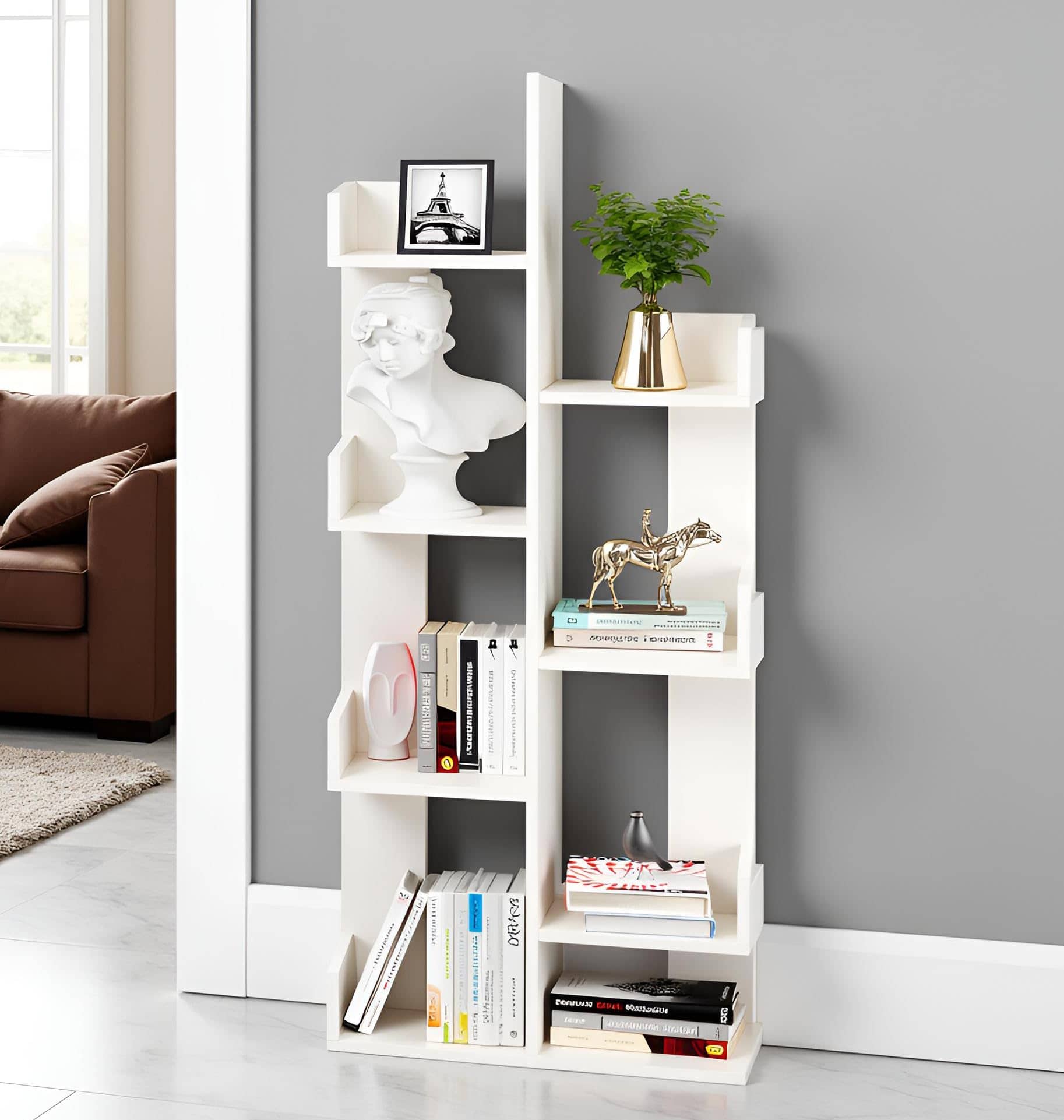 Barret Modern Engineered Wood Bookshelf | 6-Tier Zigzag Book Rack & Display Shelf for Living Bedroom (Exotic Teak)