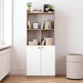 Prizm Modern Wooden Bookshelf with 2-Door Cabinet & Open Storage | Engineered Wood (Exotic Teak & White) - photo