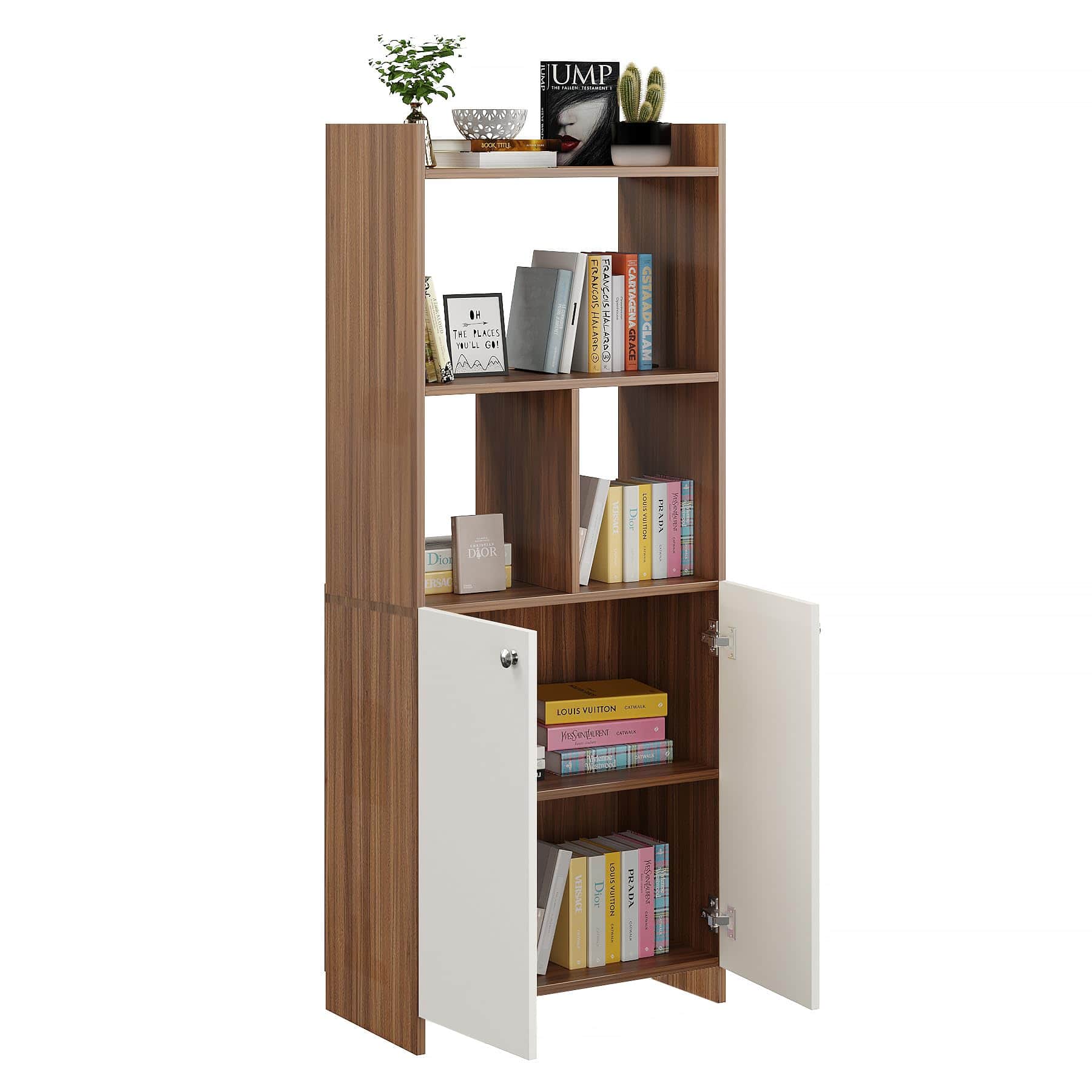 Prizm Modern Wooden Bookshelf with 2-Door Cabinet & Open Storage | Engineered Wood (Exotic Teak & White) - front_view