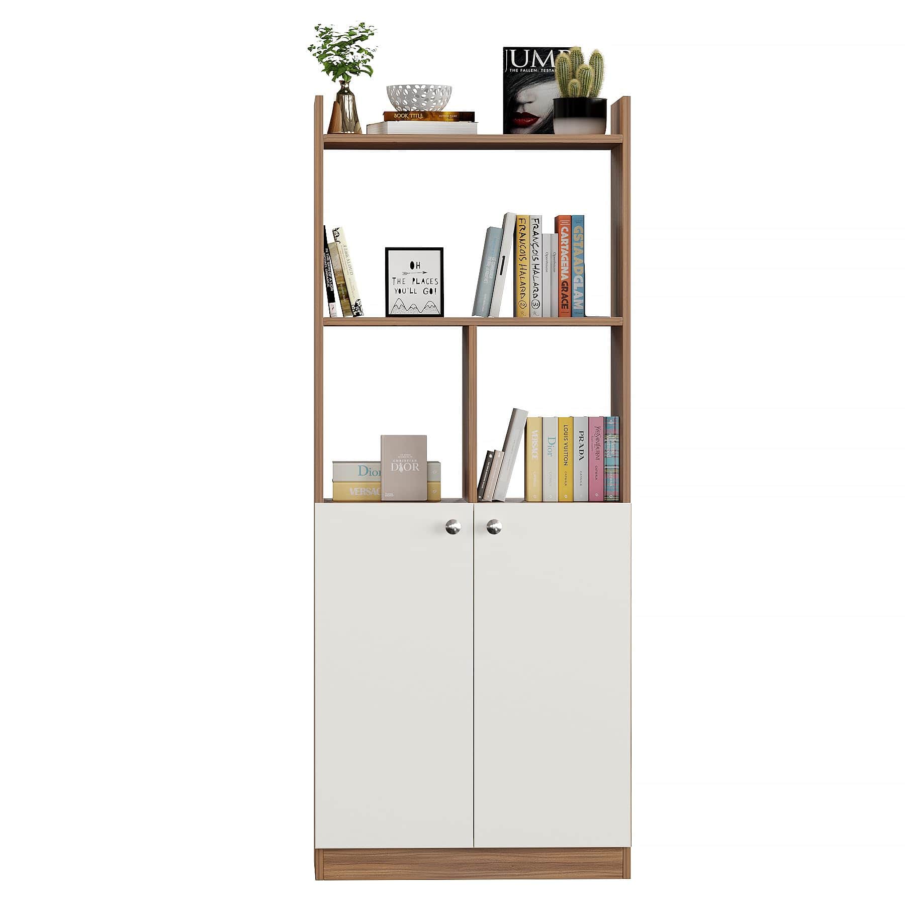 Prizm Modern Wooden Bookshelf with 2-Door Cabinet & Open Storage | Engineered Wood (Exotic Teak & White) - right_view