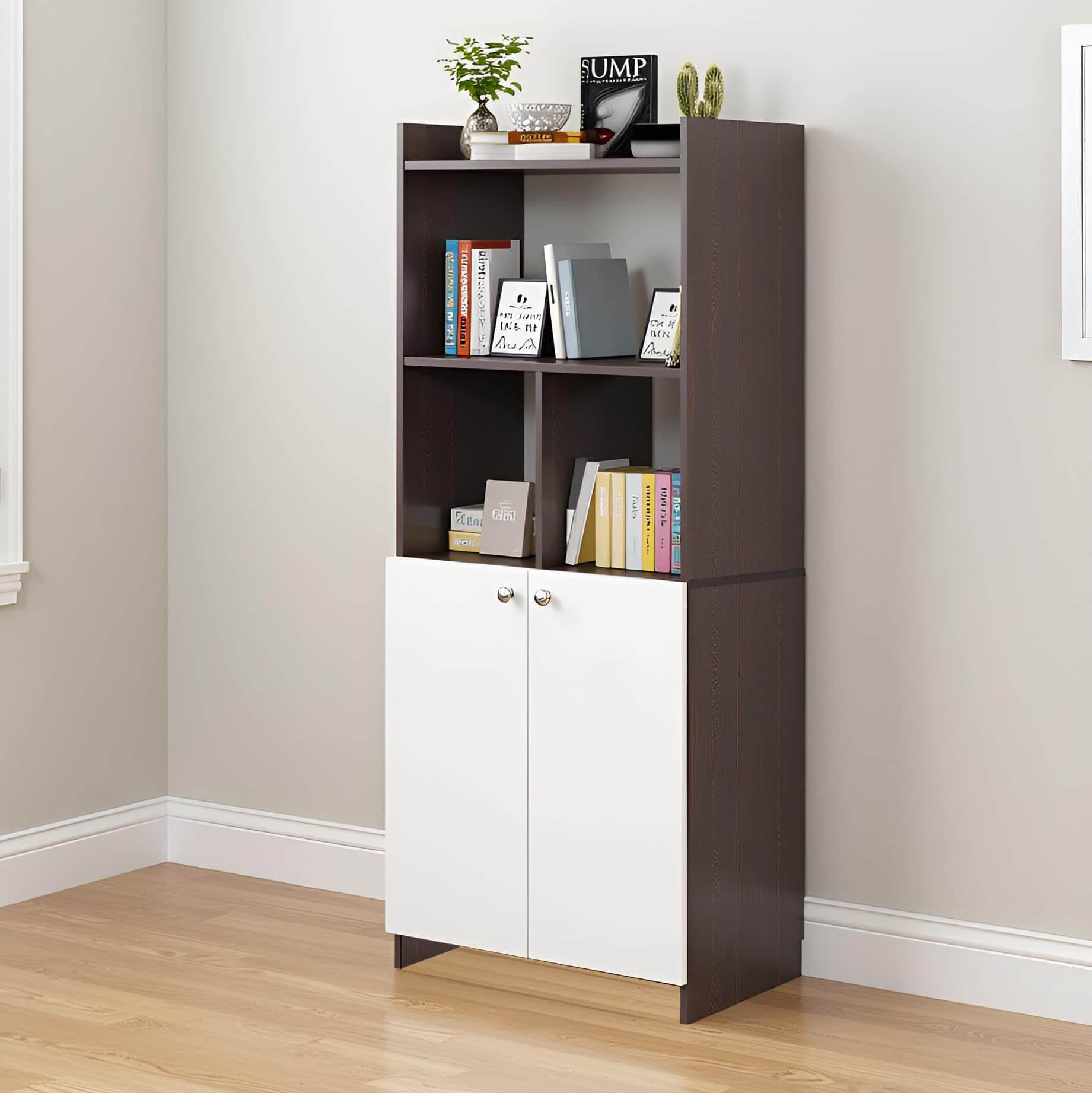 Prizm Modern Wooden Bookshelf with 2-Door Cabinet & Open Storage | Engineered Wood (Wenge & White) - front_view