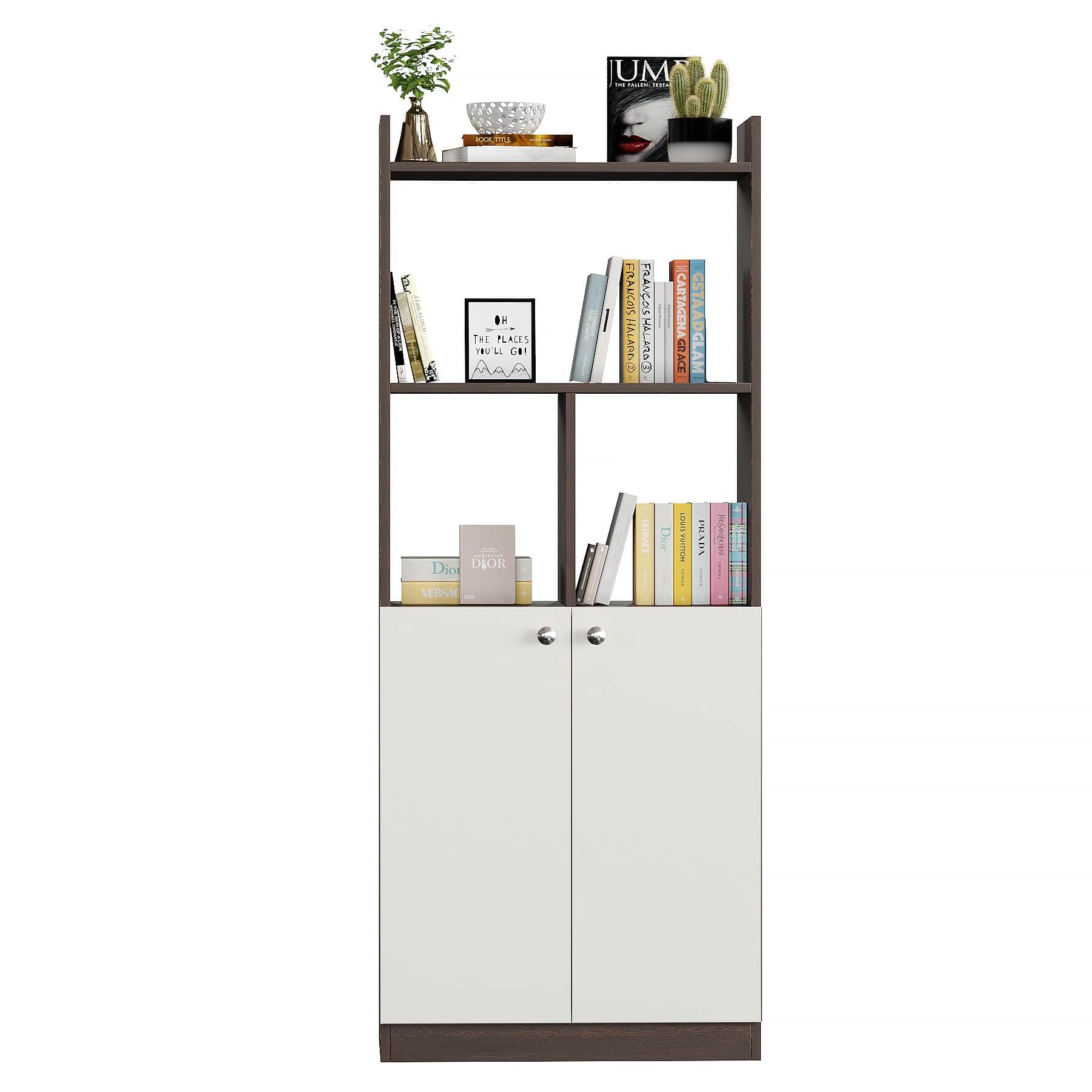 Prizm Modern Wooden Bookshelf with 2-Door Cabinet & Open Storage | Engineered Wood (Wenge & White) - left_view