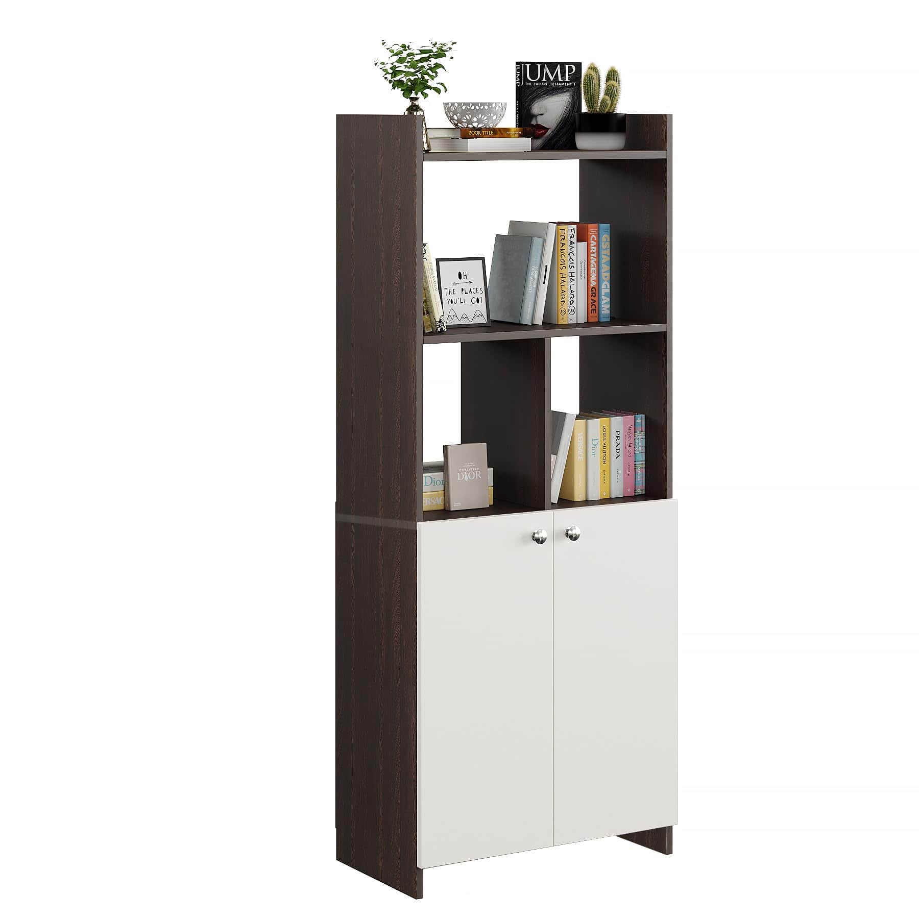 Prizm Modern Wooden Bookshelf with 2-Door Cabinet & Open Storage | Engineered Wood (Wenge & White) - right_view