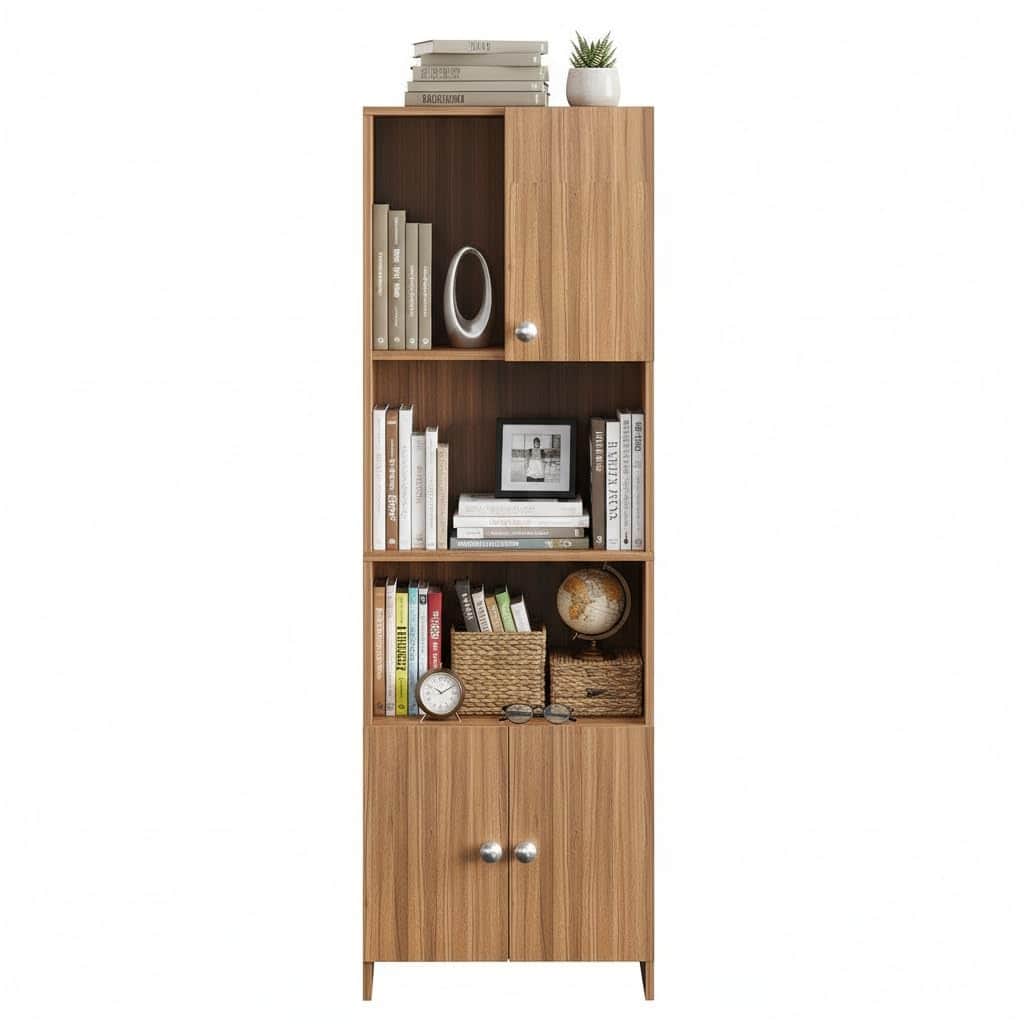 Stenza Tall Engineered Wood Book Shelf with Storage Cabinet & Open Display Racks (Exotic Teak) - left_view