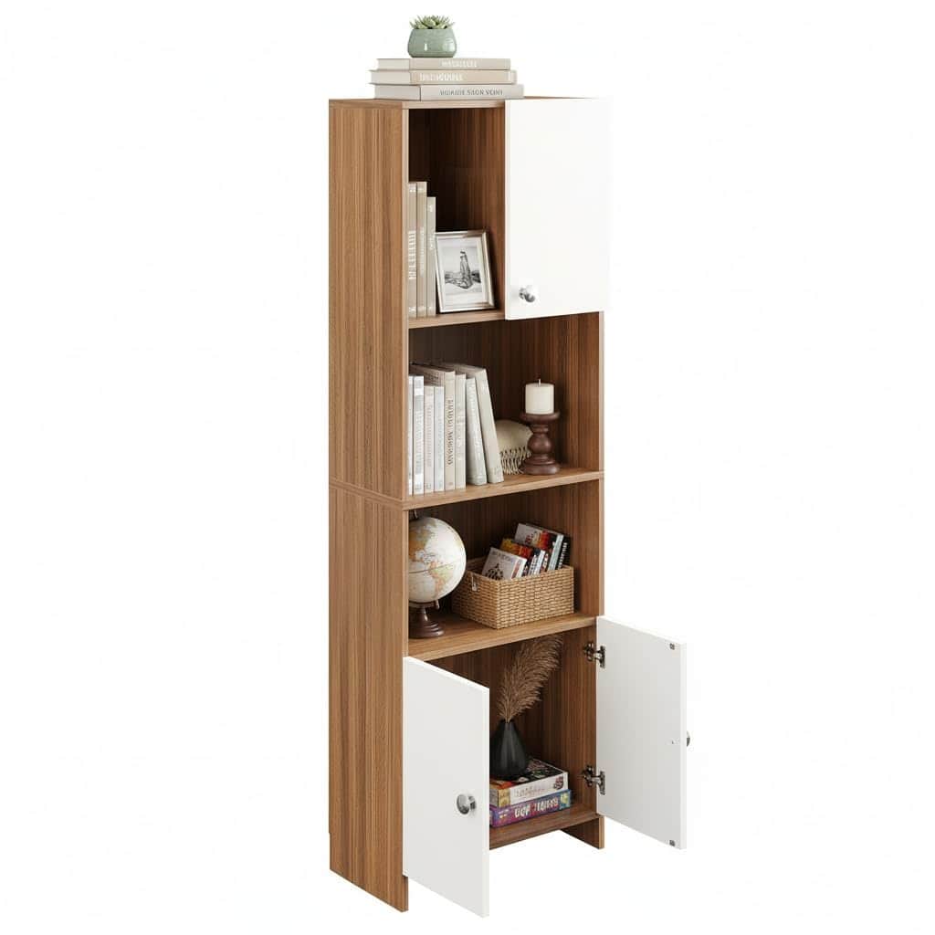 Stenza Tall Engineered Wood Book Shelf with Storage Cabinet & Open Display Racks (Exotic Teak & White) - front_view