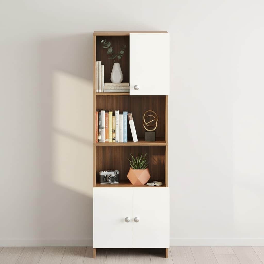 Stenza Tall Engineered Wood Book Shelf with Storage Cabinet & Open Display Racks (Exotic Teak & White) - top_view