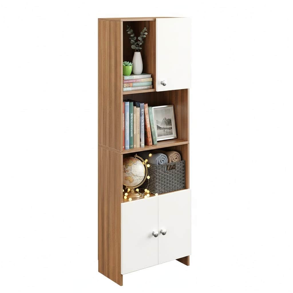 Stenza Tall Engineered Wood Book Shelf with Storage Cabinet & Open Display Racks (Exotic Teak & White) - left_view