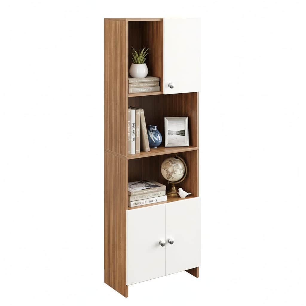 Stenza Tall Engineered Wood Book Shelf with Storage Cabinet & Open Display Racks (Exotic Teak & White) - right_view