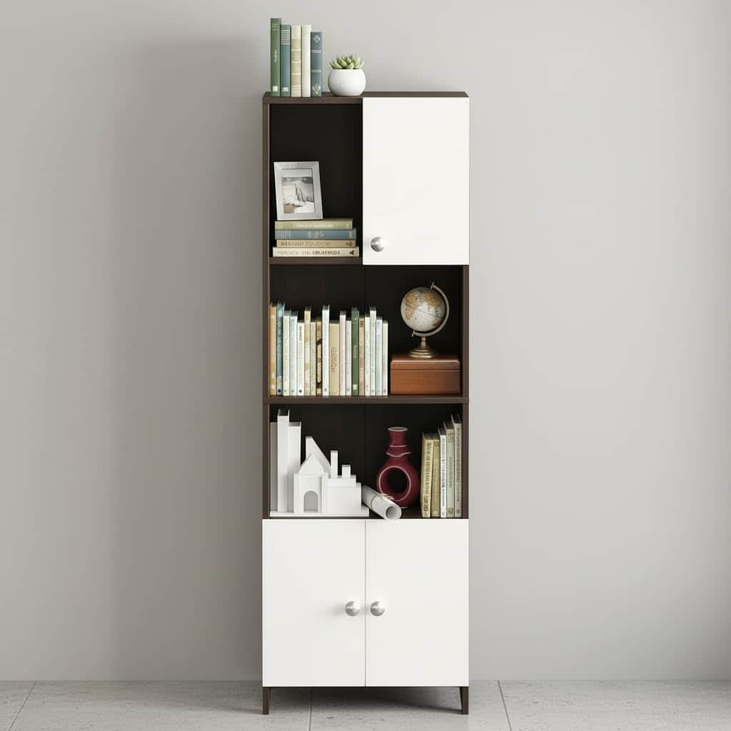 Stenza Tall Engineered Wood Book Shelf with Storage Cabinet & Open Display Racks (Wenge & White) - front_view