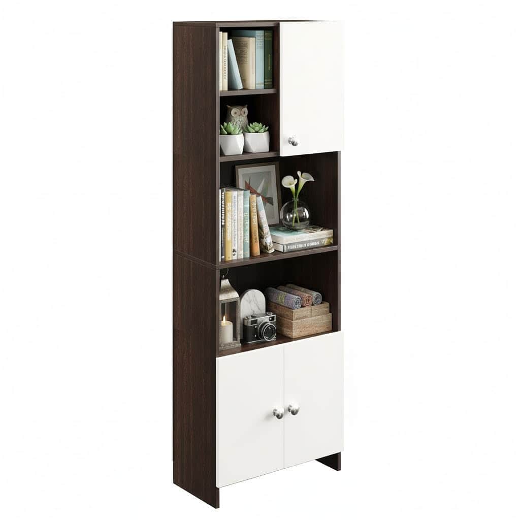 Stenza Tall Engineered Wood Book Shelf with Storage Cabinet & Open Display Racks (Wenge & White) - top_view