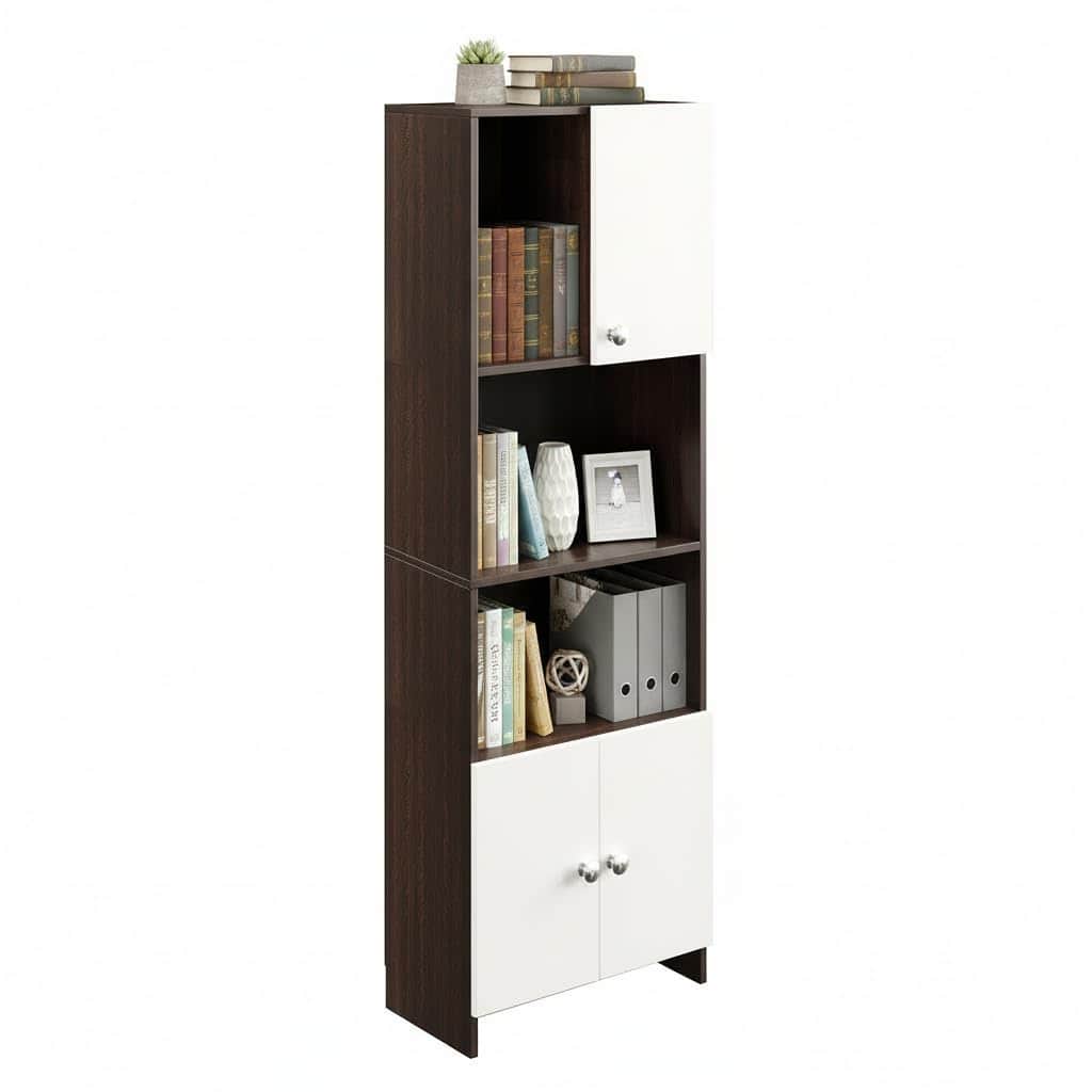 Stenza Tall Engineered Wood Book Shelf with Storage Cabinet & Open Display Racks (Wenge & White) - left_view