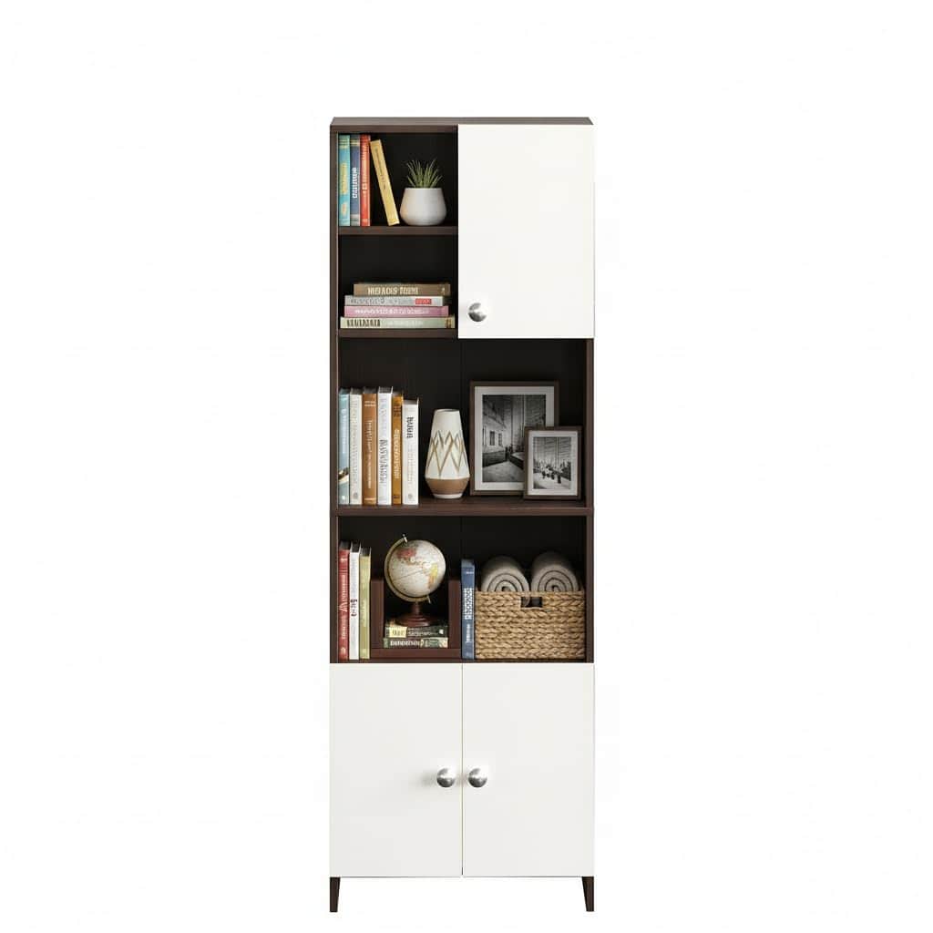 Stenza Tall Engineered Wood Book Shelf with Storage Cabinet & Open Display Racks (Wenge & White) - right_view