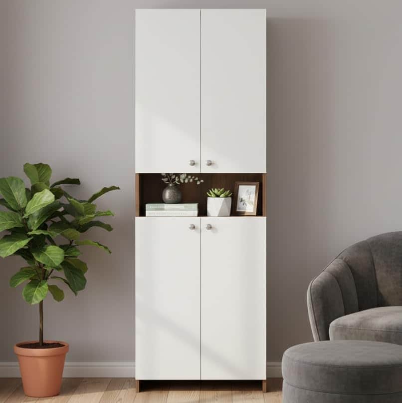 Vault Tall Wooden Bookshelf with 2-Door Cabinet & 3 Open Shelves (Exotic Teak & White) - front_view