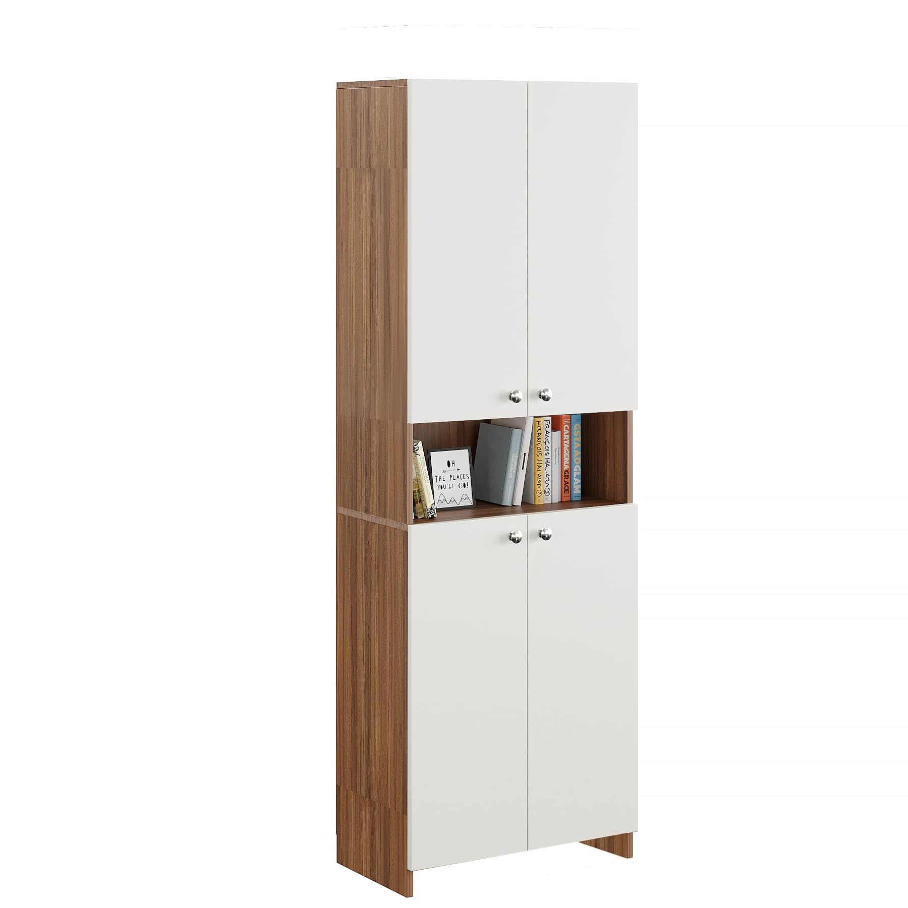 Vault Tall Wooden Bookshelf with 2-Door Cabinet & 3 Open Shelves (Exotic Teak & White) - left_view