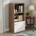 Vivid Wooden Bookshelf Cabinet with Door & Open Shelves | Engineered Wood (Exotic Teak & White) - front_view