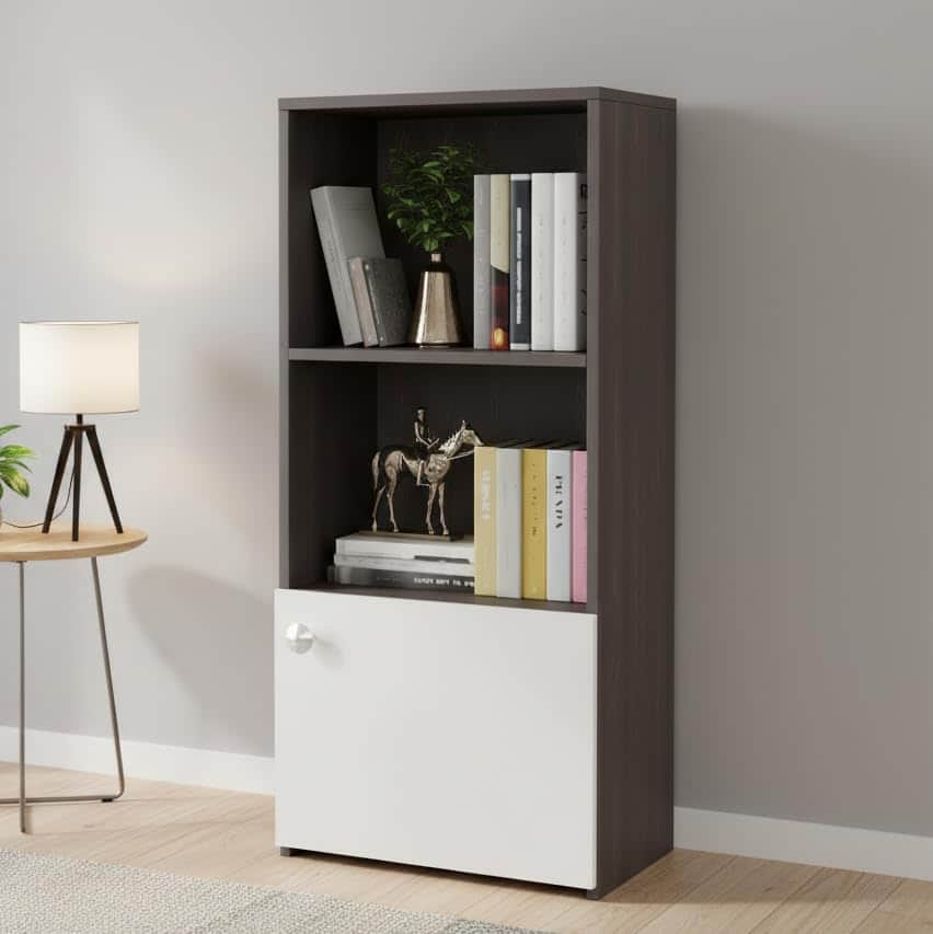 Vivid Wooden Bookshelf Cabinet with Door & Open Shelves | Engineered Wood (Wenge & White) - front_view