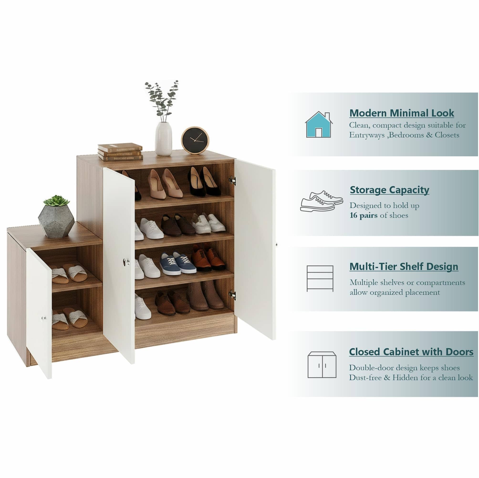Embliss Wooden Shoe Rack Cabinet with 6 Shelves | Stores Up to 16 Pairs | Space Saving Rack (Exotic Teak & White)