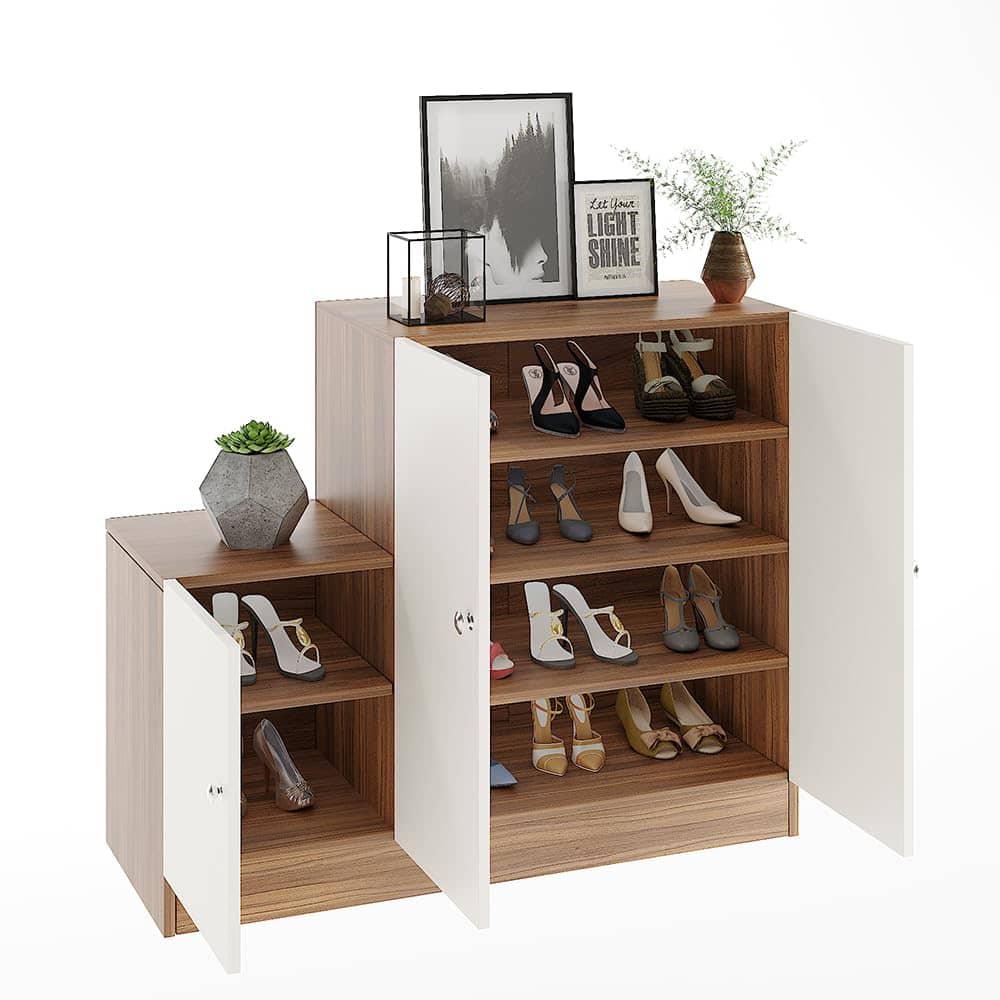 Embliss Wooden Shoe Rack Cabinet with 6 Shelves | Stores Up to 16 Pairs | Space Saving Rack (Exotic Teak & White)