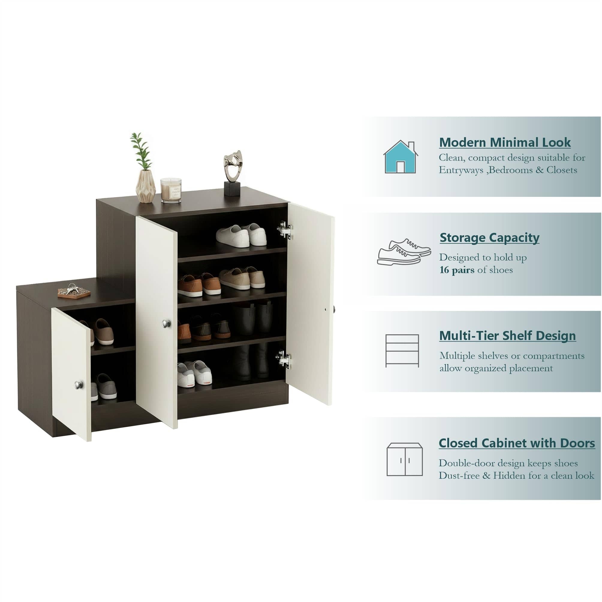 Embliss Wooden Shoe Rack with 6 Shelves, Store Up to 16 Pairs (Wenge & White)