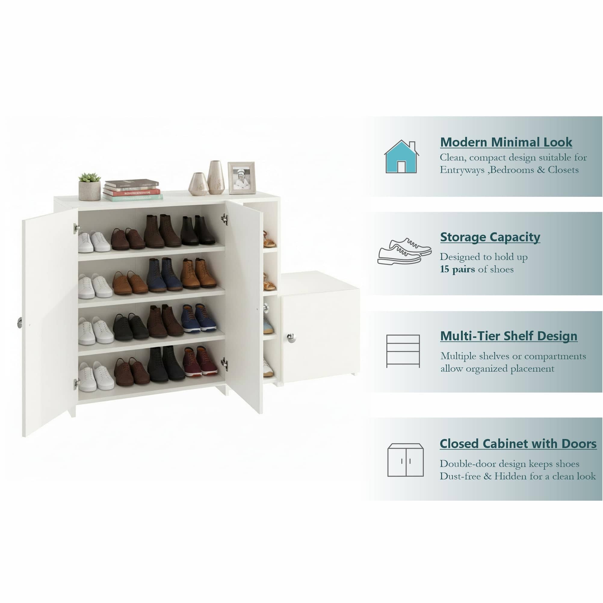 Fusia Modern Shoe Rack Cabinet with Doors & Shelves (White)