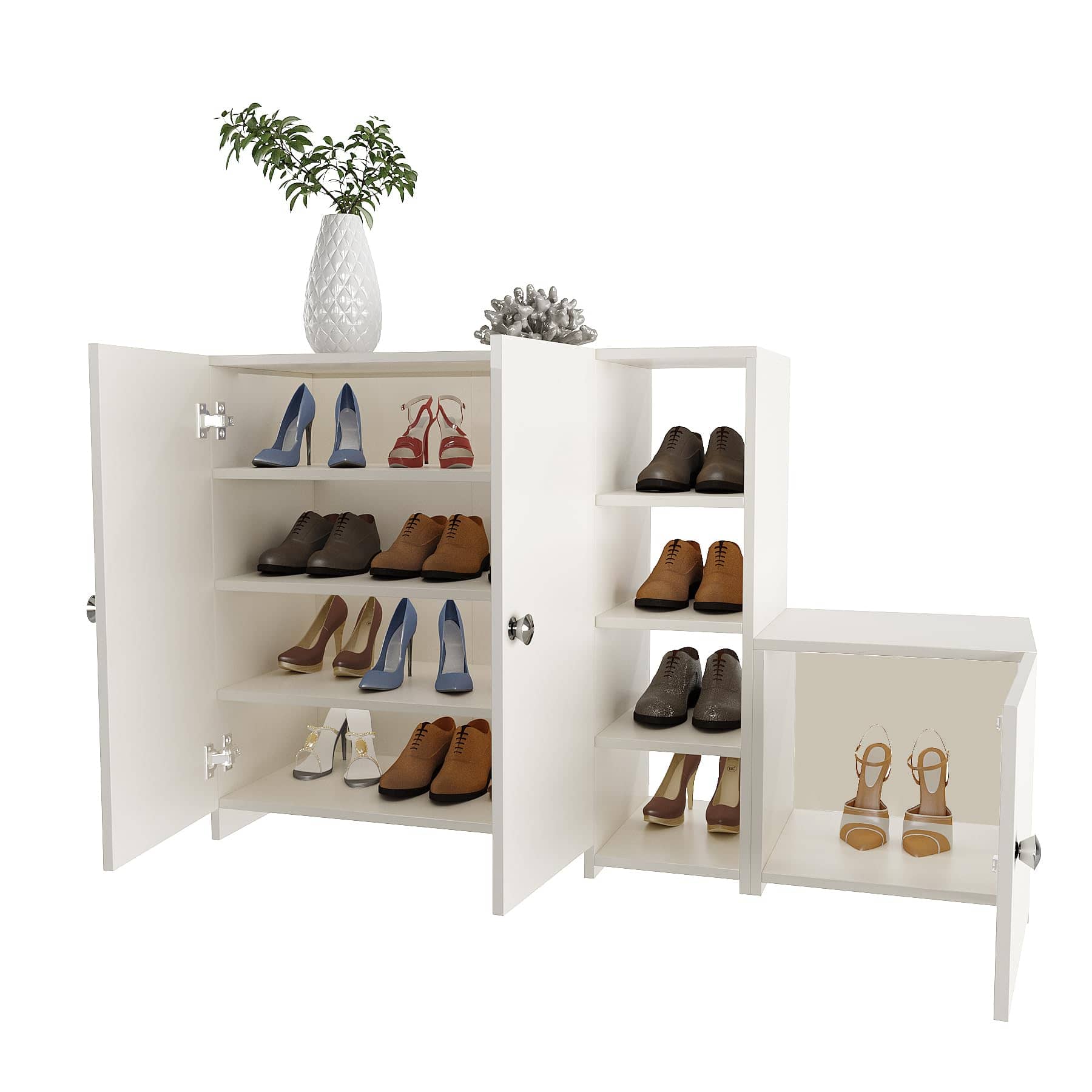 Fusia Modern Shoe Rack Cabinet with Doors & Shelves (White)