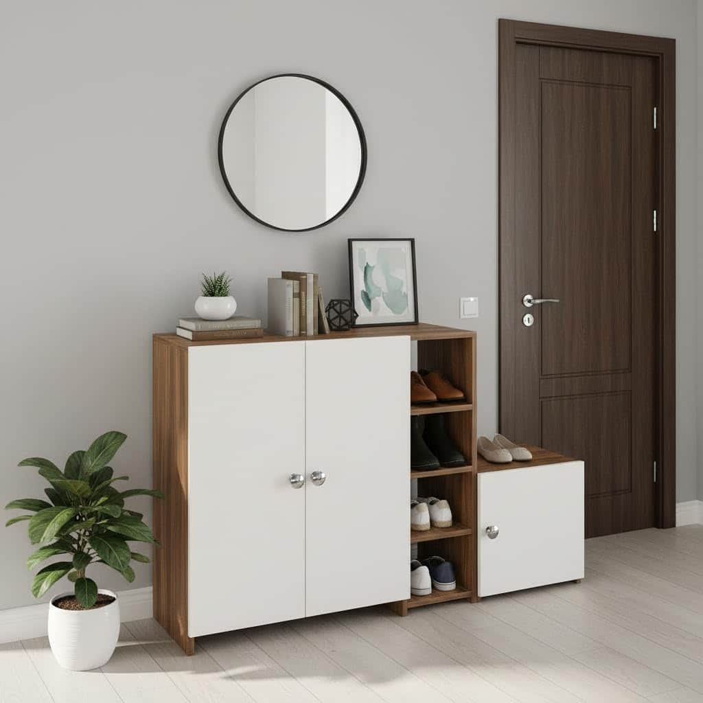 Fusia Wooden Shoe Rack Organizer with Doors (Exotic Teak & White) - front_view
